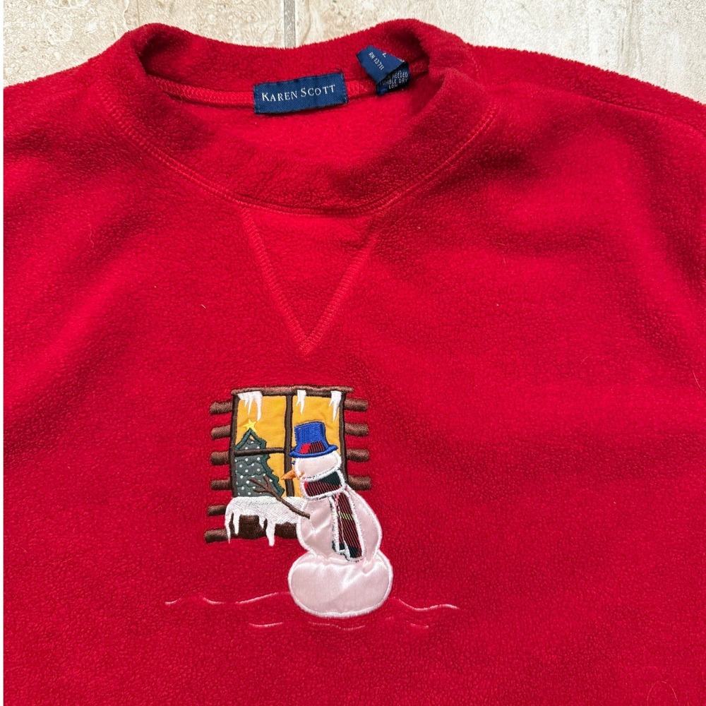Karen Scott Red Fleece Snowman Christmas Sweatshirt Womens Large Pullover - Picture 3 of 4